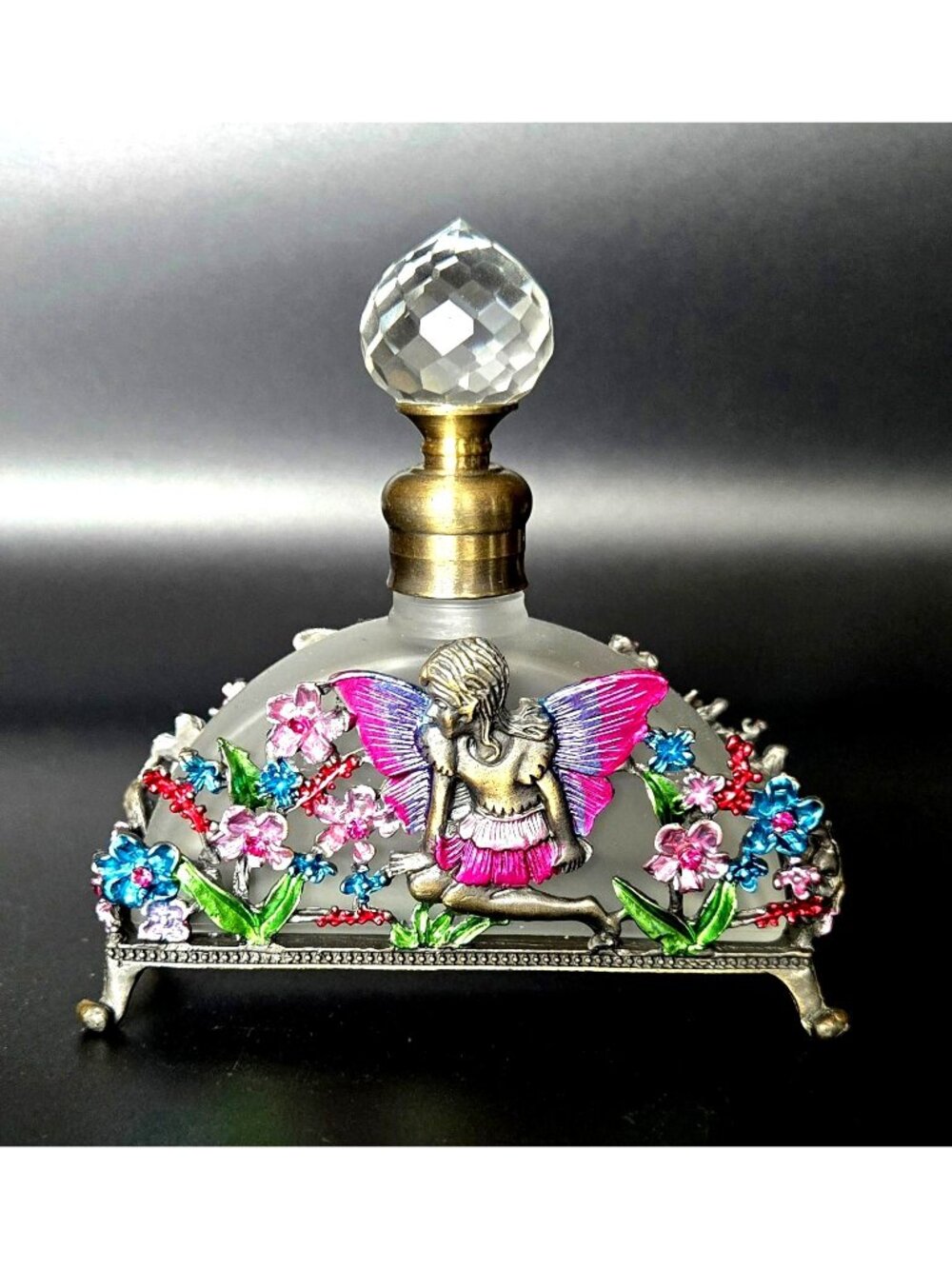 Frosted Glass Perfume Bottle Fairy & Floral Brass Ormolu Accents Crystal